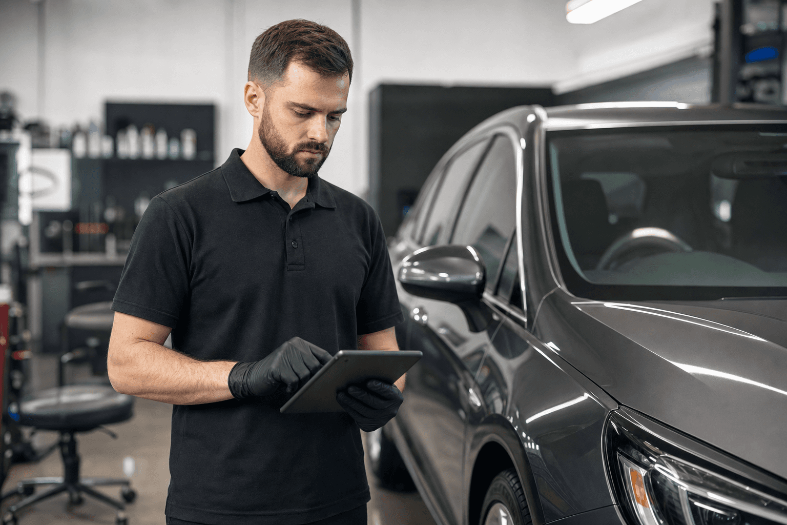 Detailing technician checking jobs on a tablet in the shop