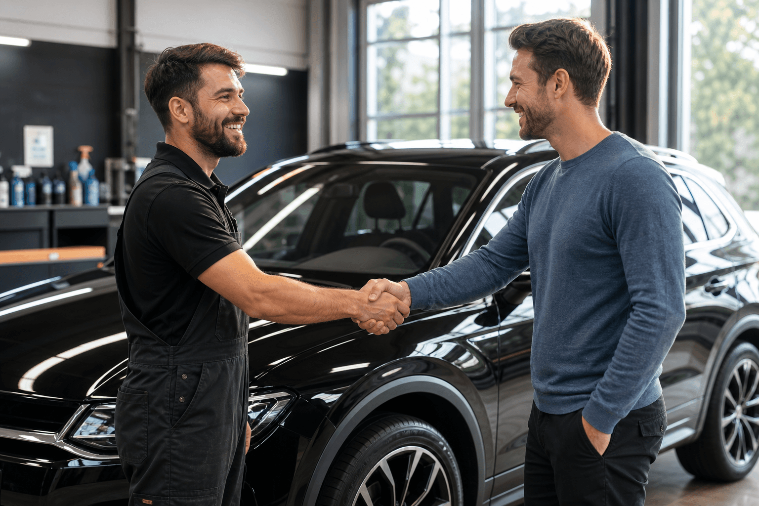 Detailer welcoming a repeat customer to the shop