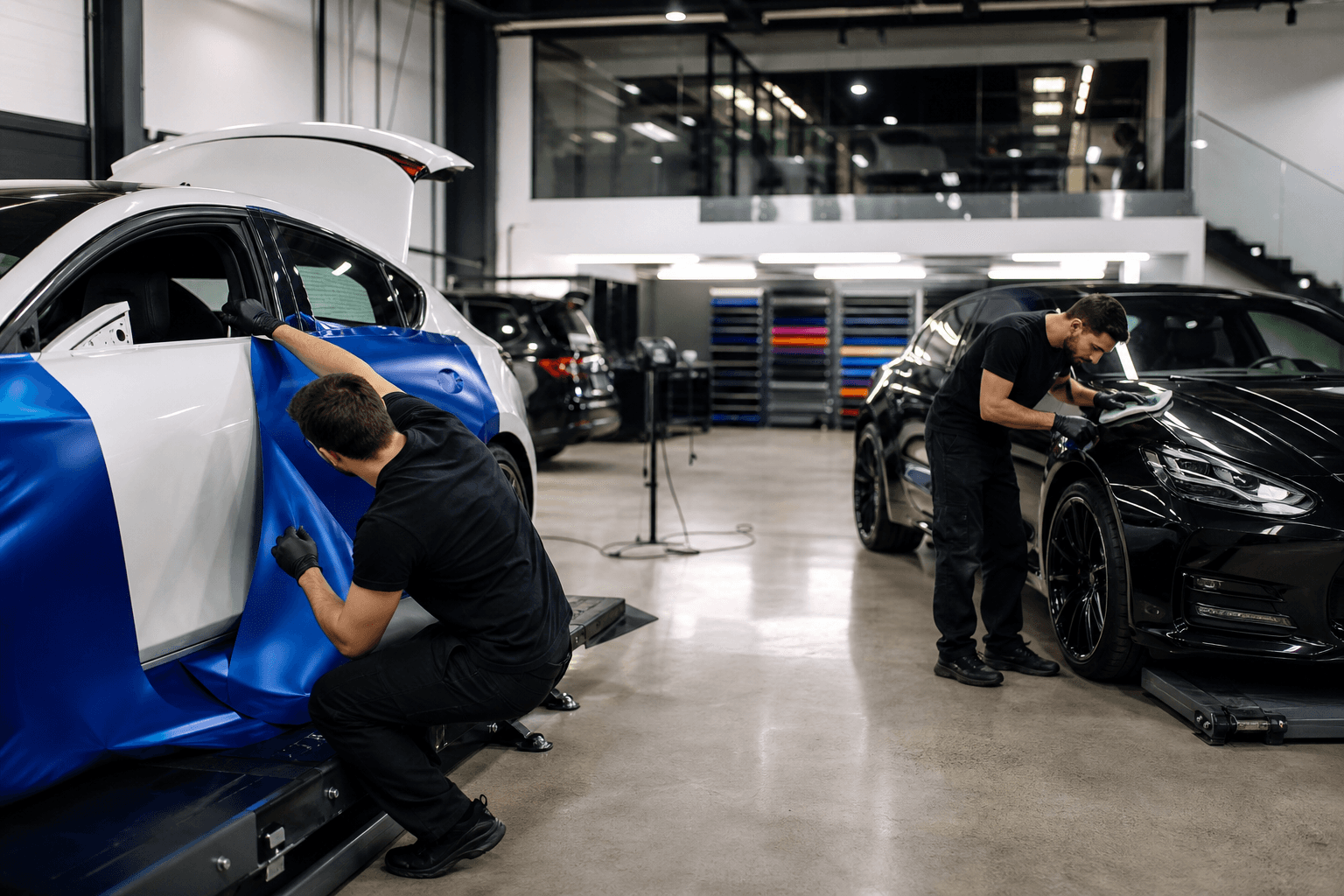 Multi-service auto styling shop with one car being vinyl-wrapped and another being polished