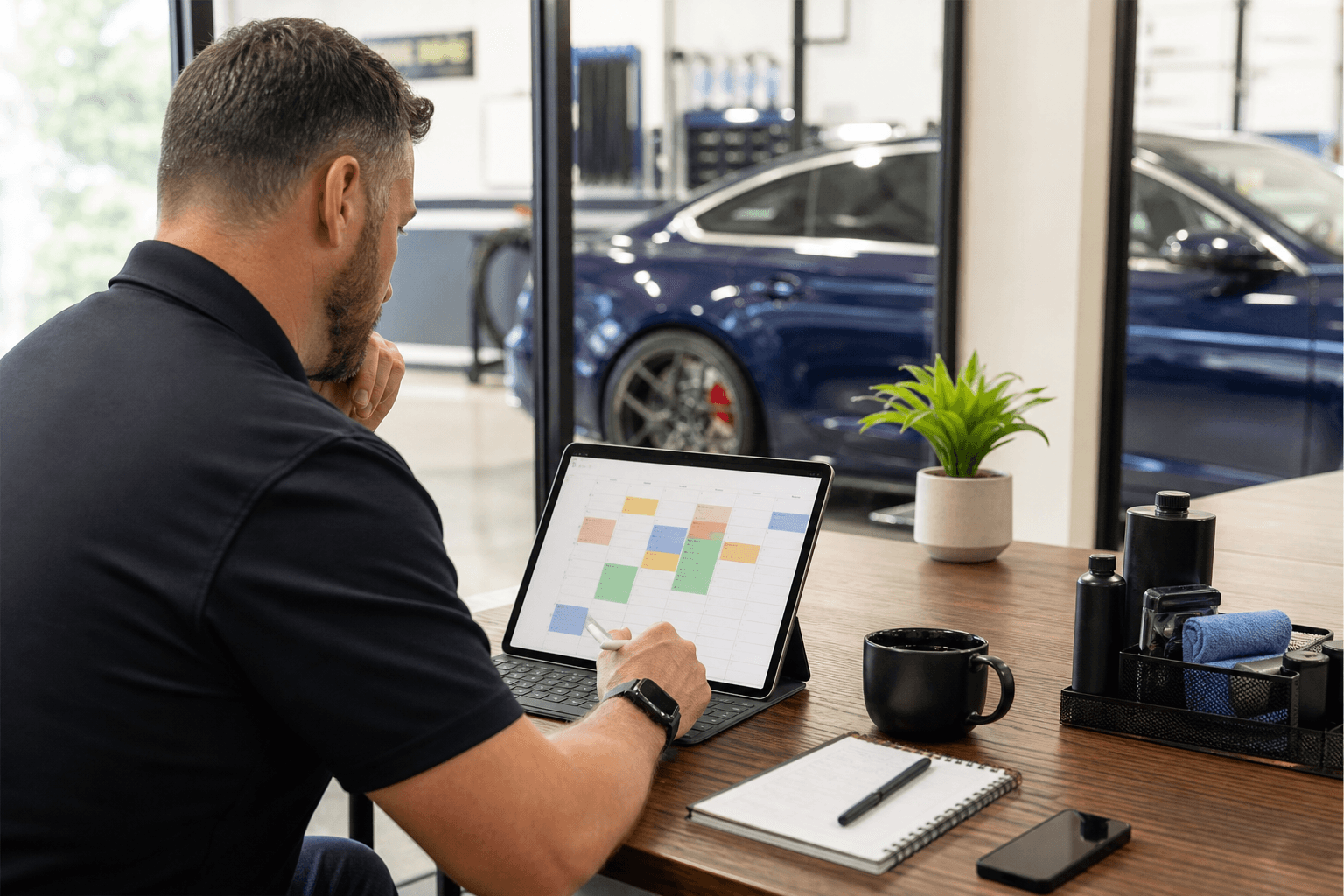 Shop owner reviewing his detailing business software on a tablet