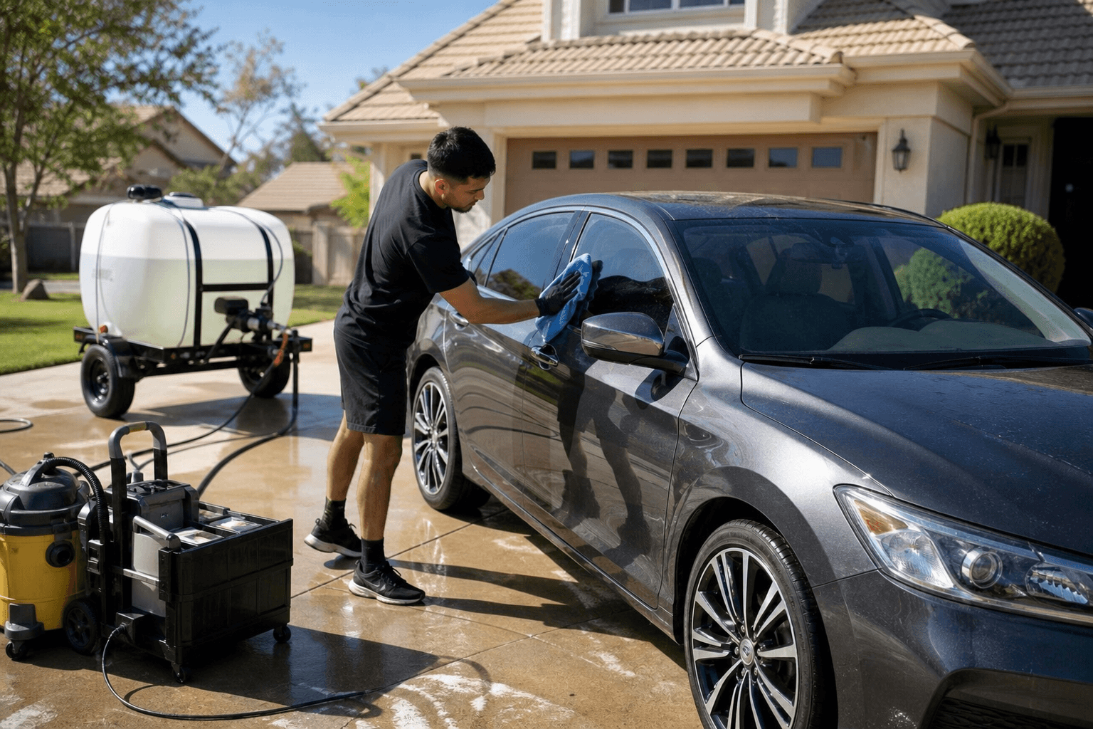 Mobile detailer washing a car in a customer's driveway with a portable water tank
